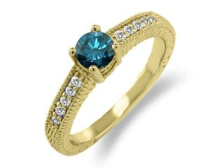 0.65 Ct Round Blue Diamond White Sapphire 18K Yellow Gold Engagement Ring