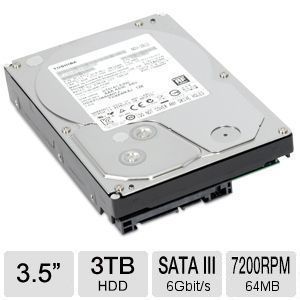 Toshiba 3TB Internal Hard Disk Drive   3.5 Form Factor, SATA III 6 Gb/s, 7200RPM, 64MB Buffer   HDKPC08