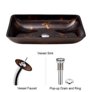 Vigo Rectangular Glass Vessel Sink in Brown and Gold Fusion with Waterfall Faucet Set in Chrome VGT033CHRCT