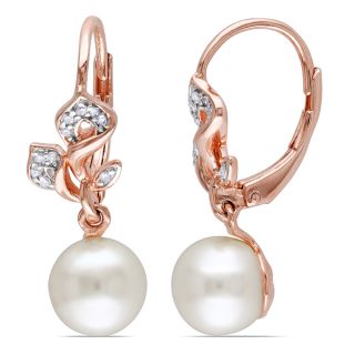 Miadora Rose Plated Silver White Pearl and 1/10ct TDW Diamond Earrings
