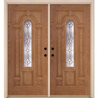 Feather River Doors 74 in. x 81.625 in. Medina Brass Center Arch Lite Stained Light Oak Fiberglass Double Prehung Front Door 331391 400