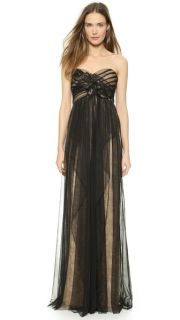 Marchesa Notte Strapless Lace Gown with Draped Tulle Overlay