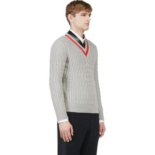 Moncler Gamme Bleu Grey Striped V Neck Rowing Sweater