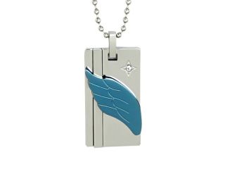 Wing of Love Cubic Zirconia Blue Angel Wing Stainless Steel Pendant Necklace 22"