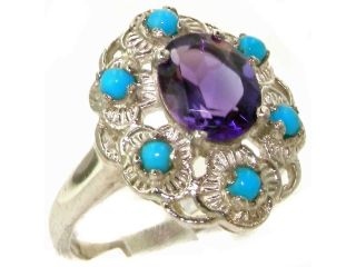 Luxurious Solid Sterling Silver Natural Amethyst & Turquoise Womens Cluster Engagement Ring   Size 11   Finger Sizes 4 to 12 Available