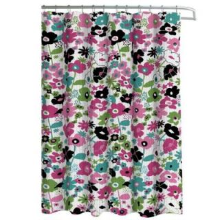 Creative Home Ideas Oxford Weave Textured 70 in. W x 72 in. L Shower Curtain with Metal Roller Hooks in Stencil Floral Pink/Black YMC001380