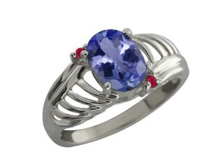 1.20 Ct Oval Blue Tanzanite Red Ruby 14K White Gold Ring