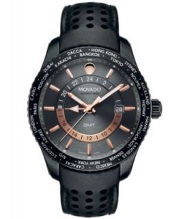 Movado Mens Swiss Series 800 Black Calfskin Leather Strap Watch 42mm