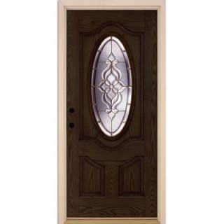 Feather River Doors 37.5 in. x 81.625 in. Lakewood Brass 3/4 Oval Lite Stained Walnut Oak Fiberglass Prehung Front Door 721991