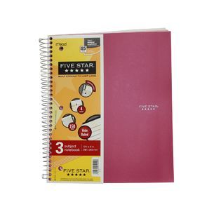 Mead Five Star Pink Wide Ruled 3 Subject Spiral Notebook, 150 Sheets