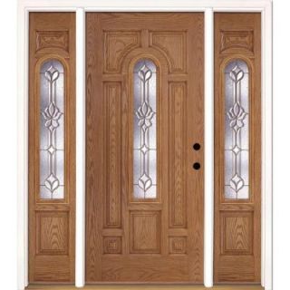 Feather River Doors 67.5 in. x 81.625 in. Medina Brass Center Arch Lite Stained Light Oak Fiberglass Prehung Front Door with Sidelites 331390 3B5