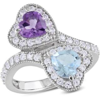2 1/2 Carat T.G.W. Amethyst and Sky Blue Topaz with Created White Sapphire Sterling Silver Double Heart Bypass Ring