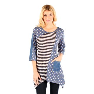 Firmiana Womens Blue/ White Polka Dot and Stripe 3/4 sleeve Top with
