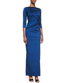 Talbot Runhof 3/4 Sleeve Ruffle Detail Gown