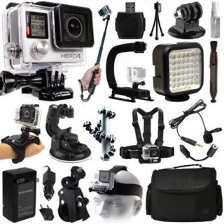 GoPro HERO4 Hero 4 Black Edition Action Camera Camcorder + Selfie Stick + Stabilizer + LED Video Light + Microphone + Chest Strap + Hand/Wrist Glove Strap + Head/Helemet Mount + Case (CHDHX 401)