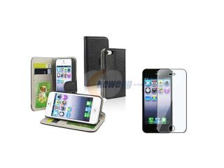 Insten Black with Wallet Card Holder Leather Case + Clear Screen Protector Compatible With Apple iPhone 5 / 5s 832004