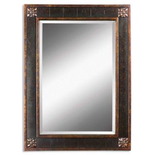 FIND 27.625 in x 37.625 in Distressed Chestnut Brown with Mottled Black Undertones and Gold Leaf Details Beveled Rectangle Framed French Wall Mirror