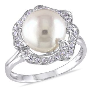 Miadora Sterling Silver White Pearl and White Topaz Cocktail Ring (9