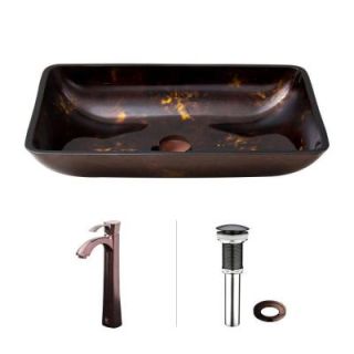 Vigo Rectangular Glass Vessel Sink in Brown and Gold Fusion with Faucet Set in Oil Rubbed Bronze VGT277