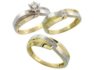 10k Yellow Gold Diamond Trio Wedding Ring Set His 7mm & Hers 6mm, Men's Size 8 to 14