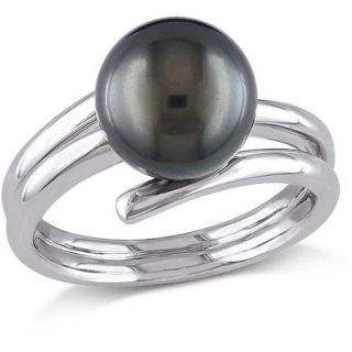 9.5 10mm Black Round Tahitian Pearl Sterling Silver Bypass Cocktail Ring