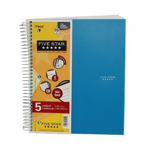Mead Five Star Blue Wide Ruled 5 Subject Spiral Notebook, 200 Sheets