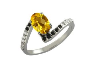 0.94 Ct Oval Checkerboard Yellow Citrine Black Diamond 18K White Gold Ring