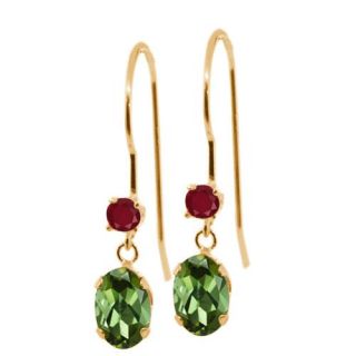 1.04 Ct Oval Green Tourmaline Red Ruby 14K Yellow Gold Earrings