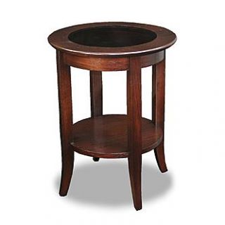 Leick Solid Wood Round Glass Top End Table   Chocolate Oak Finish