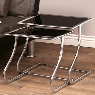 Modern Black Tempered Glass and Chrome 2 piece Nesting Tables