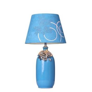 Elegant Designs 19 in. Blue Ceramic Table Lamp with Chrome Flower Accents LT1020 BLU