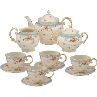 Coastline Imports 11 Piece Vintage Blue Rose Porcelain Tea Set