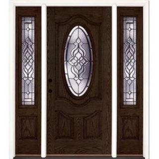 Feather River Doors 63.5 in. x 81.625 in. Lakewood Patina 3/4 Oval Lite Stained Walnut Oak Fiberglass Prehung Front Door with Sidelites 723991 3A3