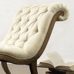 Oxford Creek  Victorian Beige Linen Button Tufted Curved Chaise Lounge
