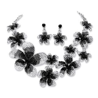 PalmBeach 2 Piece Black and Grey Ombre Crystal Flower Bib Necklace and