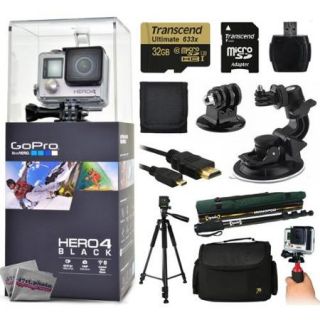 GoPro Hero 4 HERO4 Black CHDHX 401 with 32GB Ultra Memory with MicroSD Reader + Suction Cup Mount + 67" Monopod + 60? Pro Series Tripod + Large Padded Case + Handgrip Stabilizer + HDMI Cable + More