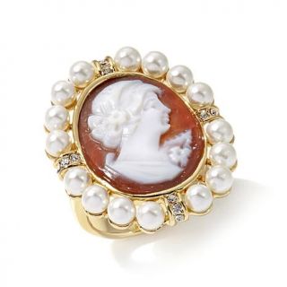 AMEDEO "St. Honore" 20mm Cameo Simulated Pearl and Crystal Goldtone Ring   7634940