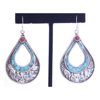 White Metal Teardrop Earrings with Turquoise and Coral (Nepal