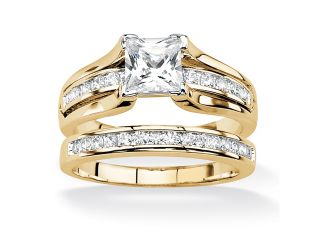 1.88 TCW Princess Cut Cubic Zirconia 14k Gold Plated Bridal Engagement Ring Wedding Band Set