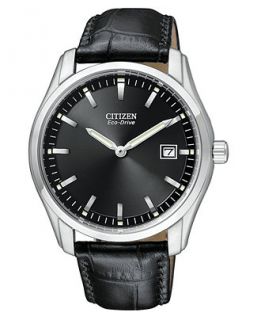 Citizen Mens Eco Drive Black Croc Embossed Leather Strap Watch 40mm