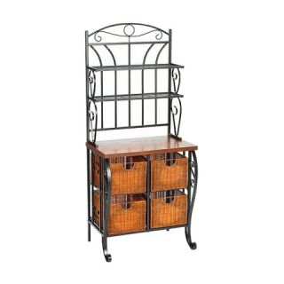 Southern Enterprises Iron Bakers Rack with Wicker Storage   Black