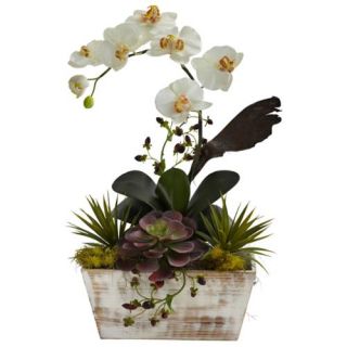 Nearly Natural Orchid and Succulent Garden White Wash Planter Decorative Plant