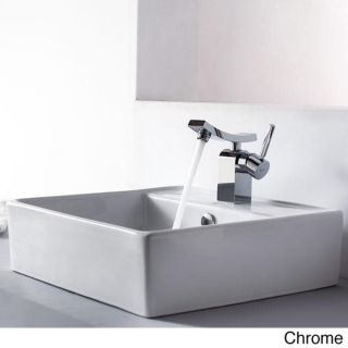 Kraus Bathroom White Square Ceramic Sink and Unicus Basin Faucet Combo