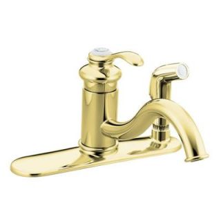 KOHLER Fairfax Single Hole Single Handle Low Arc Kitchen Sink Faucet with Sidespray and Escutcheon in Vibrant Polished Brass K 12173 PB