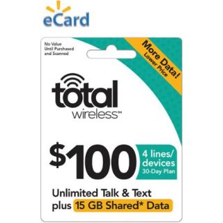 Total Wireless $100 Unlimited Talk, SMS and Shared Data (Capped at 15GB) 4 Lines, 30 Service Days 