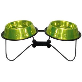 Platinum Pets 3 Cup Wrought Iron Bone Tie Double Feeder with Embossed Non Tip Bowls in Lime BDDS24CLM