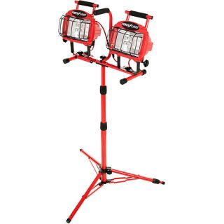 Designers Edge 1200W Halogen Twin Head Tripod Work Light with Weatherproof Switches, 7' Cord, Red
