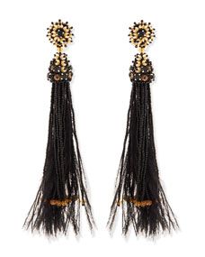 Oscar de la Renta Black Bead & Feather Tassel Earrings