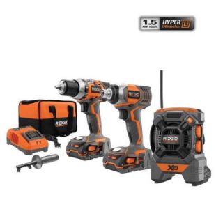RIDGID X4 18 Volt Hyper Lithium Ion Cordless Drill and Impact Driver Combo Kit (3 Tool) with Radio R9601