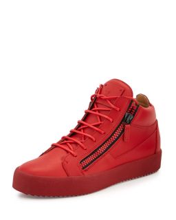 Giuseppe Zanotti Mens Matte Leather Mid Top Sneaker, Red
